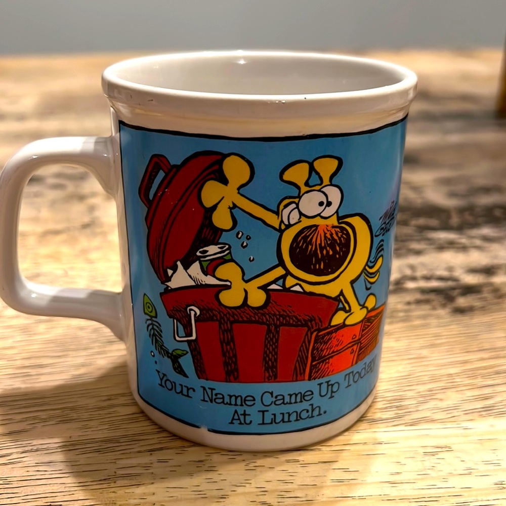 VINTAGE GRIMMY your name came up at lunch garbage coffee mug humor comic